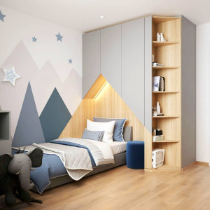 دکوراسیون اتاق خواب پسرانه مدرن و لاکچری با تم طبیعت و کوه طوسی سفید