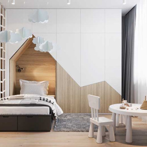 دکوراسیون اتاق خواب پسرانه کودک سفید قهوه ای با تم کوه و طبیعا مدرن و شیک