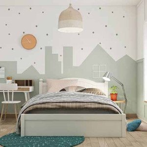 دکوراسیون اتاق خواب پسرانه کودک شیک و لاکچری سفید سبز با تم ساختمان های شهر