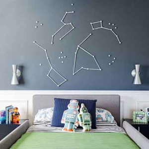 دکوراسیون اتاق خواب پسرانه کودک سرمه ای سفید با تم ستاره های فلکی دب اکبر و اصغر