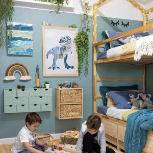 دکوراسیون اتاق مشترک پسر آبی با تخت دو طبقه فانتزی طرح خانه