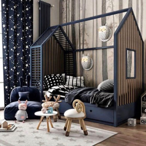دکوراسیون اتاق کودک پسر لوکس و شیک سرمه ای قهوه ای با تخت فانتزی طرح خانه
