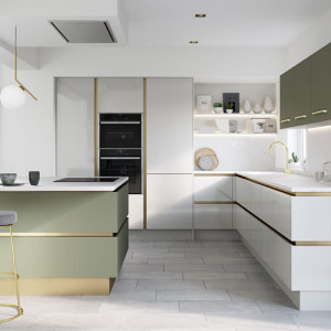 آشپزخانه مدرن و شیک با کابینت سفید طلایی و جزیره سبز طلایی