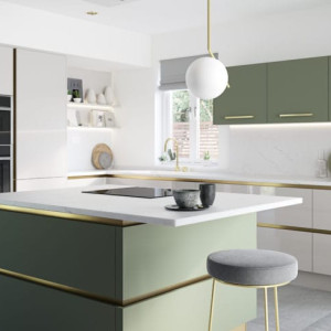 آشپزخانه مدرن و شیک با کابینت سفید طلایی و جزیره سبز طلایی