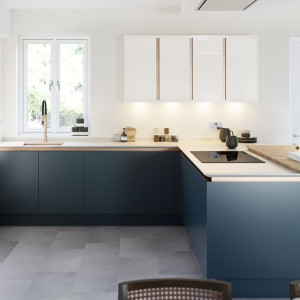 آشپزخانه مدرن و شیک با کابینت های سفید و آبی