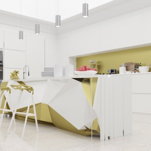 آشپزخانه مدرن و شیک با کابینت های سفید و بین کابینتی و جزیره زرد