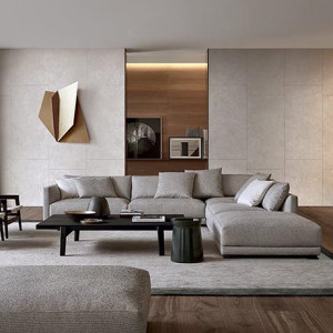 دیزاین هال مدرن شیک با مبلمان خاکستری پایه کوتاه