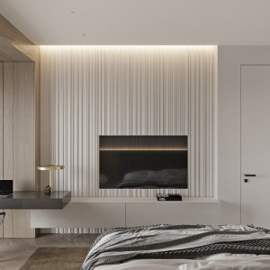 دیزاین اتاق خواب مدرن مونوکروم سفید طوسی