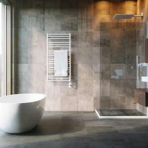 سرویس بهداشتی و حمام مدرن با کاشی های تیره و وان جزیره و اتاق دوش شیشه ای