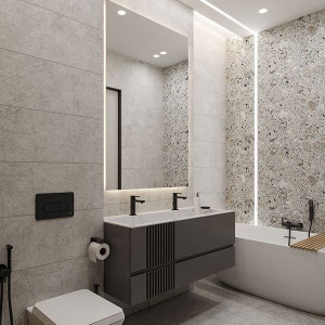 حمام و سرویس بهداشتی مدرن کوچک با کاشی های طوسی و روشویی کابینت دار مشکی و وان جزیره