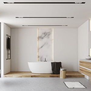 سرویس بهداشتی و حمام مدرن بزرگ با دیوارهای سفید و دیوار تاکیدی طرح سنگ مرمر و روشویی کابینت دار بدون پایه