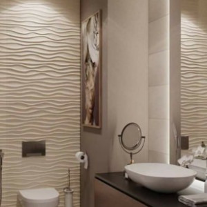 سرویس بهداشتی مدرن با کاشی های بژ و روشویی کابینت دار بدون پایه و توالت فرنگی وال هنگ