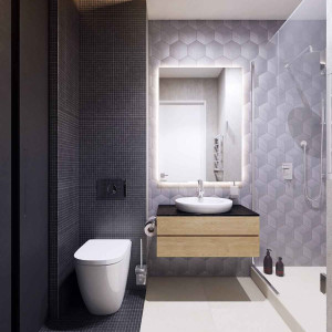 حمام و سرویس بهداشتی مدرن با کاشی های ایره سرمه ای و روشویی کابینت دار بدون پایه و اتاق دوش شیشه ای