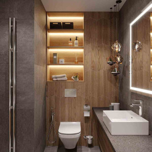 حمام و سرویس بهداشتی مدرن با کاشی های کرم قهوه ای و توالت فرنگی وال هنگ