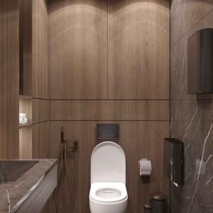 سرویس بهداشتی مدرن با دیوارپوش طرح چوب و سنگ قهوه ای