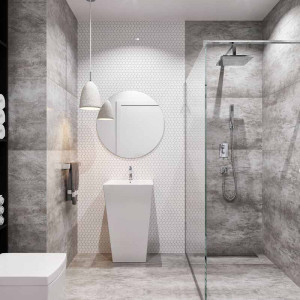 سرویس بهداشتی و حمام مدرن با اتاق دوش شیشه ای و کاشی طوسی و دیوار سفید