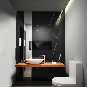 سرویس بهداشتی مدرن با دیوار تاکیدی طرح سنگ مرمر مشکی و روشویی بدون پایه