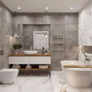 حمام و سرویس بهداشتی مدرن با دیوارپوش و کفپوش طرح سنگ مرمر و روشویی کابینت دار بدون پایه