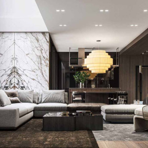 طراحی هال و پذیرایی مدرن با دیوارپوش طرح سنگ مرمر و چیدمان مبل ال طوسی و نور توکار سقفی
