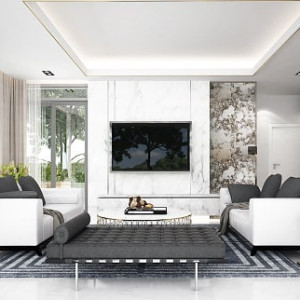 طراحی هال و پذیرایی مدرن با رنگ سفید طوسی و مبل راحتی سفید