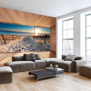 طراحی هال و پذیرایی مدرن با مبلمان طوسی رنگ و دیوارپوش چوبی و تابلو دکوراتیو طرح طبیعت