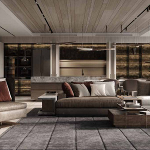 طراحی هال و پذیرایی مدرن با دیوارپوش های چوبی و رنگ های تیره