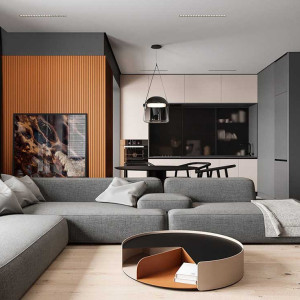 طراحی هال و پذیرایی مدرن و شیک با مبل راحتی ال طوسی و جلو مبلی گرد