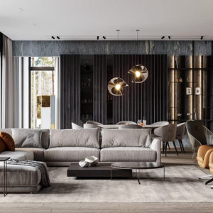 طراخی هال و پذیرایی مدرن با مبلمان و رنگ طوسی