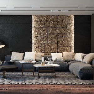 طراحی هال و پذیرایی مدرن با رنگ دیوار مشکی و مبل راحتی تیره