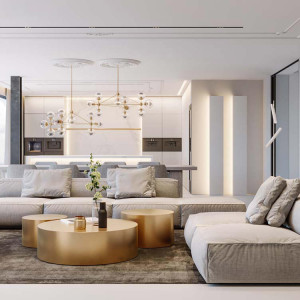طراحی هال و پذیرایی مدرن با رنگ سفید خاکستری و مبل راحتی ال و میز جلو مبلی طلایی