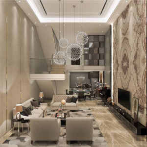 طراحی و حال و پذیرایی مدرن با دیوار پشت تلویزیون طرح سنگ و مبلمان سفید رنگ