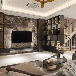 طراحی هال و پذیرایی مدرن با طراحی پشت تلویزیون طرح سنگ مرمر و رنگ مشکی طلایی