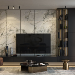 طراحی هال و پذیرایی مدرن با رنگ مشکی طلایی و دیوار پشت تلویزیون طرح سنگ مرمر