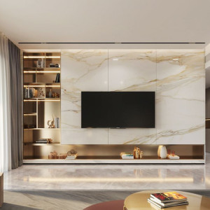 طراحی هال و پذیرایی مدرن با دیوار پشت تلویزیون طرح سنگ مرمر
