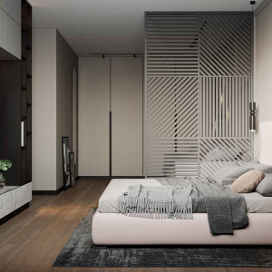 اتاق خواب طوسی و کرم با تخت پارچه ای کرم و دیوار طوسی