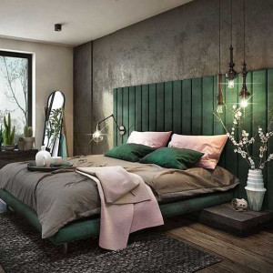 اتاق خواب طوسی و سبز و صورتی با دیوار و روتختی طوسی و تخت پارچه ای سبز و بالش های صورتی