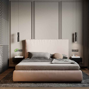 اتاق خواب طوسی و کرم مدرن دو نفره با دیوارهای طوسی و تخت خواب پارچه ای کرم