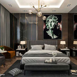 اتاق خواب طوسی و قهوه ای مدرن دو نفره با تخت پارچه ای و پرده طوسی