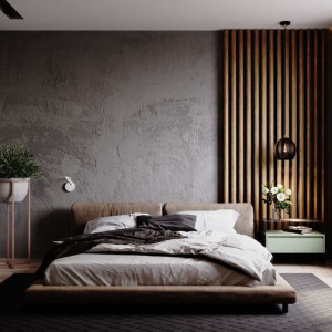 اتاق خواب طوسی و قهوه ای مدرن دو نفره با دیوار طوسی سیمانی و تخت خواب چوبی و روتختی سفید