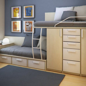 دکوراسیون اتاق خواب مشترک کودک کرم آبی با تخت دو طبقه