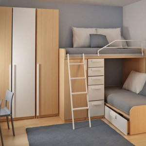 دکوراسیون اتاق خواب مشترک کودک بقهوه ای آبی با تخت دو طبقه