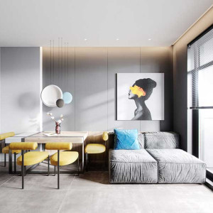 دکوراسیون طوسی و زرد نشیمن و ناهارخوری با مبل و دیوارهای خاکستری و صندلی های زرد