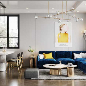 دکوراسیون طوسی و آبی خانه با دیوارهای خاکستری و مبل آبی تیره