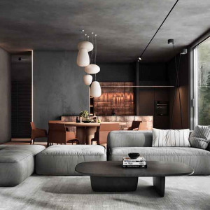 دکوراسیون طوسی و مشی خانه مدرن با فرش و سقف و مبل خاکستری تیره