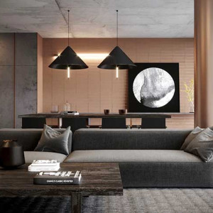 دکوراسیون طوسی و مسی خانه مدرن با مبل و فرش طوسی تیره