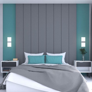 دکوراسیون طوسی و آبی اتاق خواب مدرن با دیوار تاکیدی لمسه و روتختی طوسی