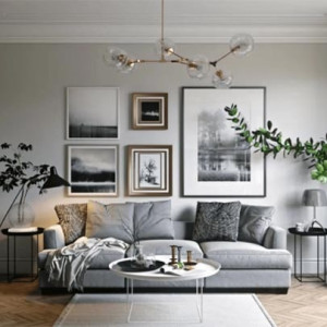 دکوراسیون طوسی نشیمن با دیوار و مبل خاکستری و دیوار آجری