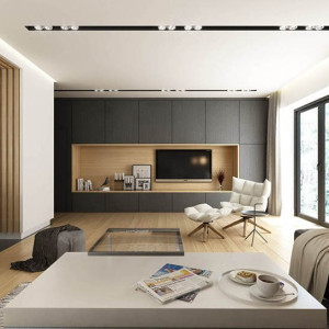 دکوراسیون طوسی و سفید نشیمن مدرن با دیوار پشت تلویزیون و کفپوش چوبی