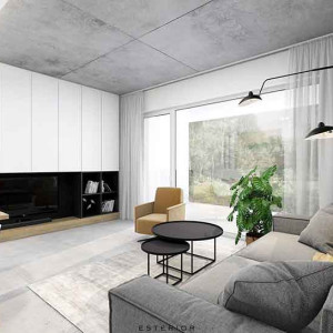 دکوراسیون طوسی و سفید نشیمن مدرن بزرگ با مبل خاکستری تیره