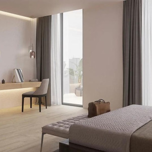 دکوراسیون طوسی و کرم اتاق خواب مدرن